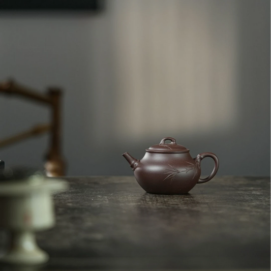 "Fu Zhu" (Blessed Bamboo) Yixing Teapot – 140cc, Semi-Handmade with Huanglongshan Purple Clay by Yuan Qun