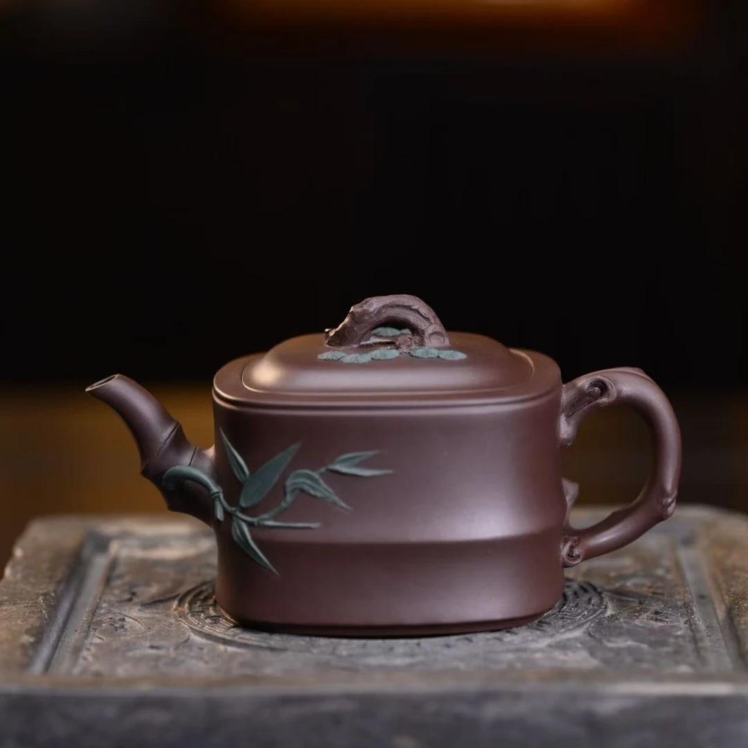 "Si Fang Zhu Duan" (Square Bamboo Segment) Yixing Teapot – 130cc, Semi-Handmade with Huanglongshan Original Zi Ni Clay, by Artisan Yuan Qun
