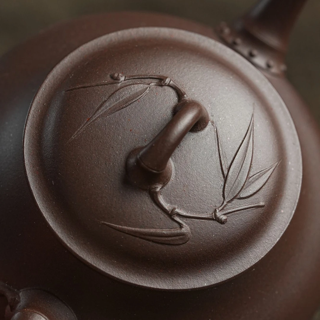 "Fu Zhu" (Blessed Bamboo) Yixing Teapot – 140cc, Semi-Handmade with Huanglongshan Purple Clay by Yuan Qun